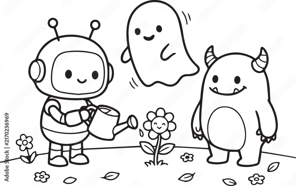 Naklejka premium Cute robot, ghost, and monster characters watering a flower together in a garden