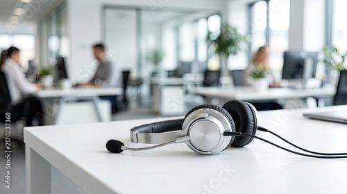 Plakat Communication headset on desk with blurred office agents background.