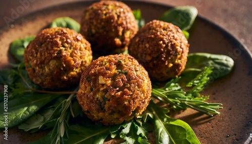 Crispy fried falafel balls served on a plate with fresh herbs