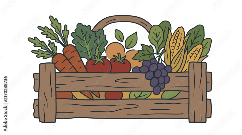 Fototapeta premium Hand-drawn wooden crate overflowing with fresh produce