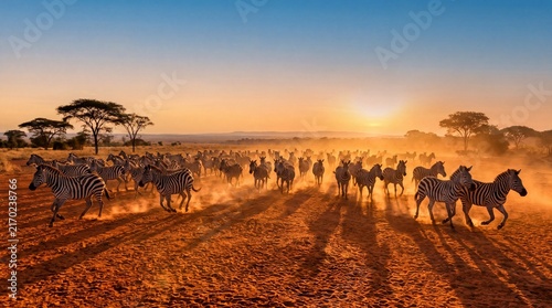 Majestic zebra herd traversing dusty plains during the warm sunset.