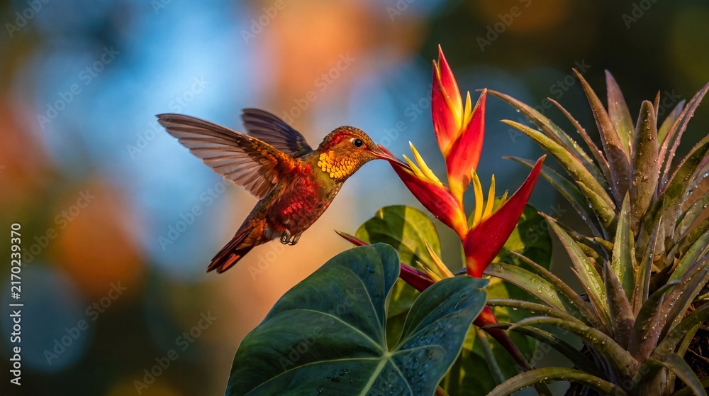 Naklejka premium Ruby hummingbird hovers before exotic bloom in rich tropical jungle