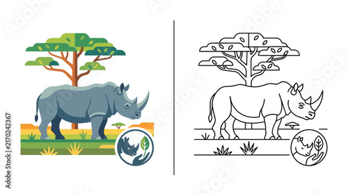 Картината върху платно Rhino and Acacia Tree, Nature Conservation Icon, Flat Vector Illustration