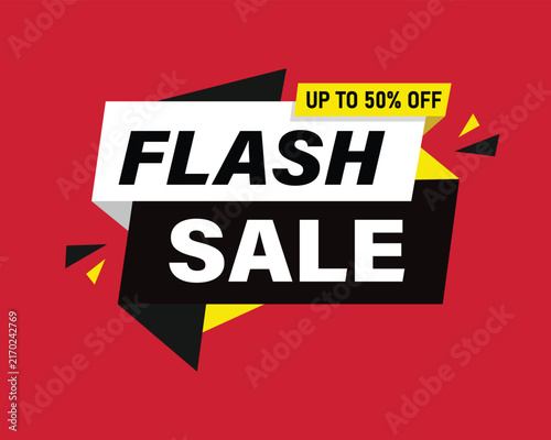 Flash sale up to fifty percent off promotional banner and discount badge with promotion tag