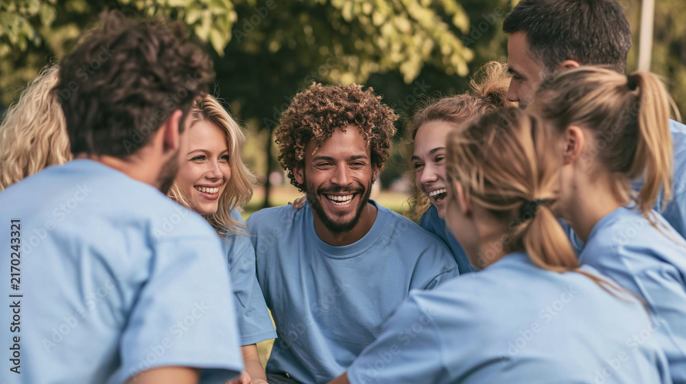 Fototapeta premium Diverse Group Huddle: A jubilant, diverse group of young adults in matching t-shirts forms a huddle, sharing laughter and camaraderie in an outdoor setting.