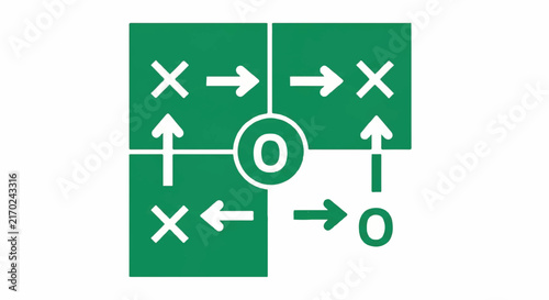 A minimalist representation of a football tactical board with X and O symbols and arrows indicating movement, emerald green and white colors, minimalist flat vector artwork, clipart style,
