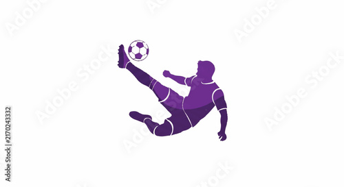 Action silhouette of a player performing a bicycle kick in mid-air, high energy movement, purple and white color palette, sharp vector shapes, minimalist flat vector artwork, clipart style,
