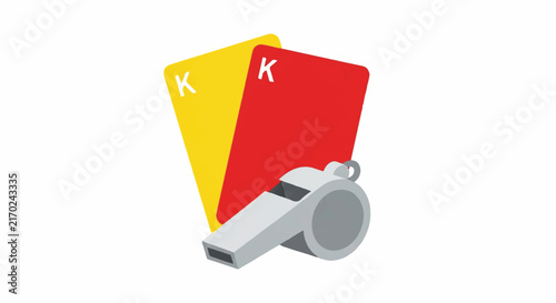 A yellow and red card positioned behind a silver referee whistle, iconic symbols of football rules, sharp edges on white space, minimalist flat vector artwork, clipart style, absolute solid