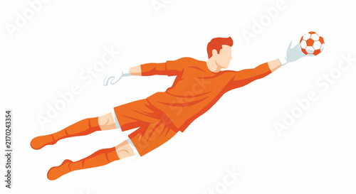 Side view of a goalkeeper in full horizontal stretch making a fingertip save, dynamic sport action, bright orange and white colors, high contrast, minimalist flat vector artwork, clipart style,