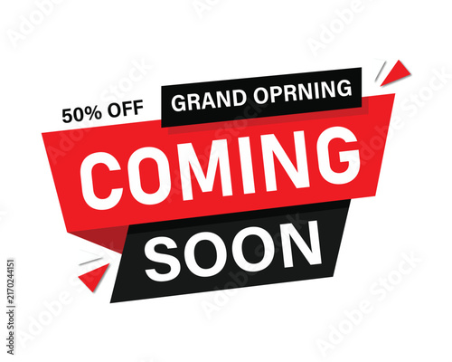 Coming soon grand opening promotional banner with discount information discount tag launch graphic