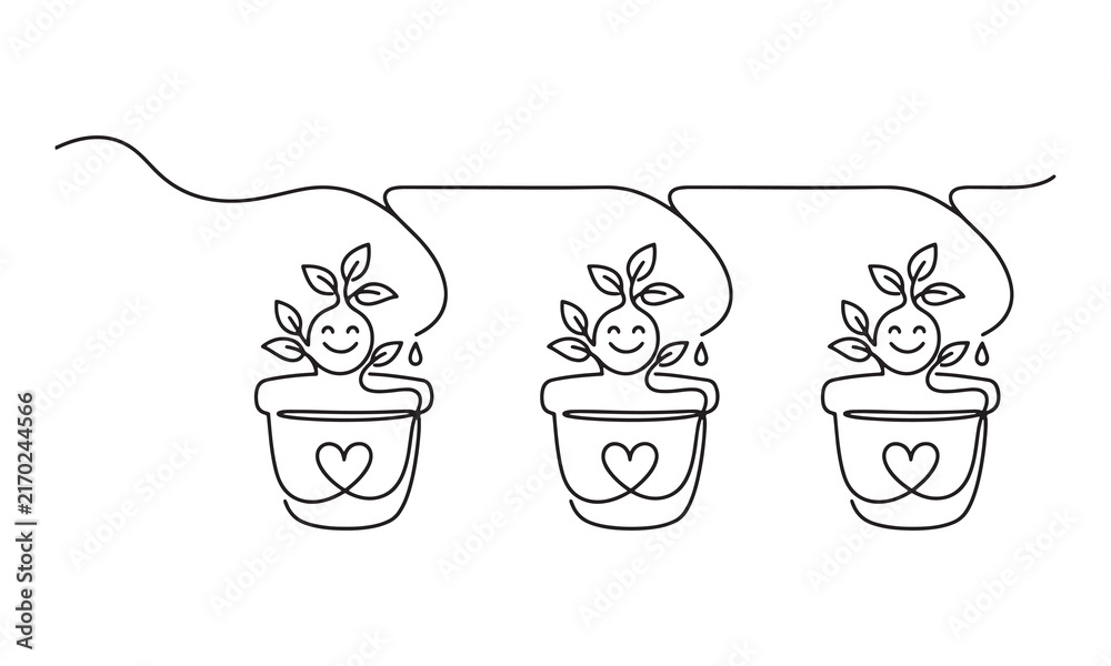Obraz premium Continuous line of three smiling potted plants being watered by a drip irrigation system with heart symbols on the pots on a white background, for gardening concepts