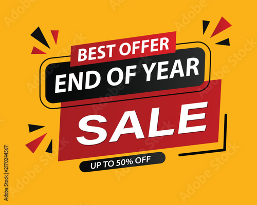 Best offer end of year sale banner graphic template on bright yellow background with discount