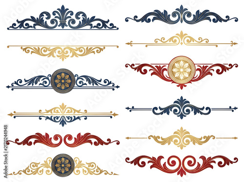 Vintage ornamental dividers and decorative filigree headers set. Elegant victorian scrollwork borders in gold, navy blue, and burgundy red colors for luxury wedding invitations and formal