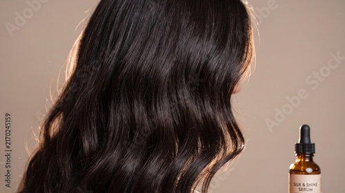 Luminous Long Wavy Brunette Hair with Golden Halo Shine and Cosmetic Dropper Bottle for Scalp Care