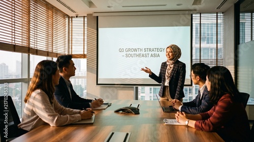 Professional business meeting with a woman presenting a growth strategy for Southeast Asia in a modern office conference room