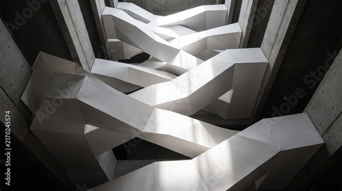 Abstract Modern Architectural Installation of Intertwined White Geometric Ribbons Forming a Futuristic Staircase in Concrete Space
