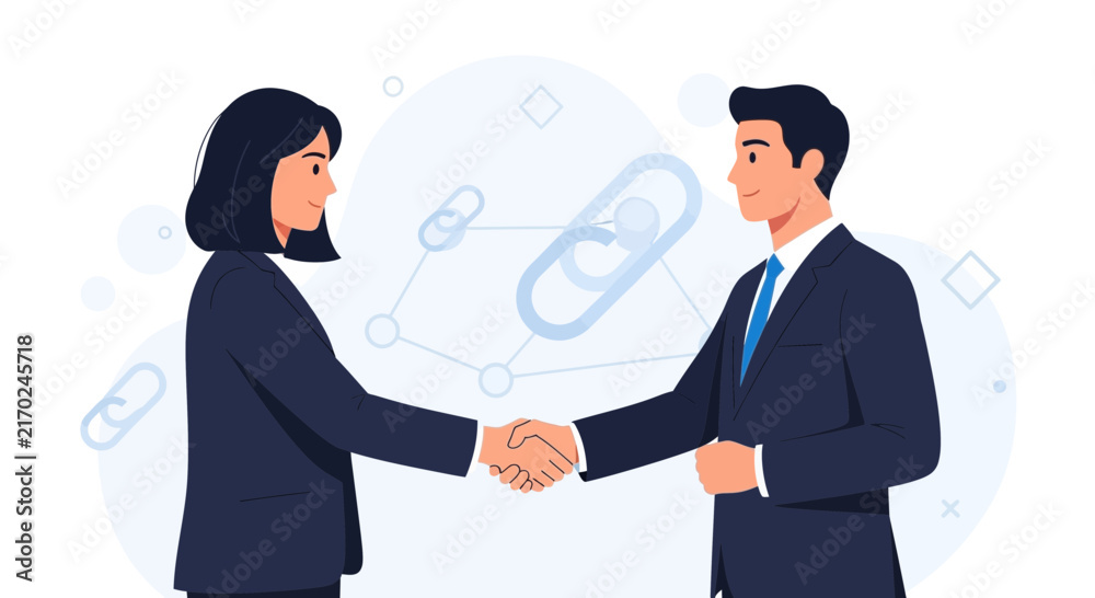 Fototapeta premium Business partners shaking hands, representing partnership, agreement, and successful collaboration with abstract link icons in background.