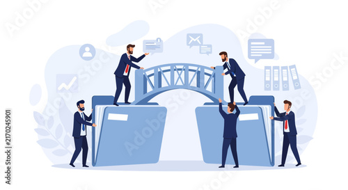 Businessmen build bridge over folders, symbolizing data integration, collaboration, and workflow connection