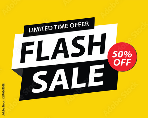 Flash sale limited time offer banner with fifty percent discount badge on yellow background