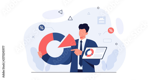 Businessman Analyzing Pie Chart Data with Tablet, Vector Illustration for Business Analytics and Strategy