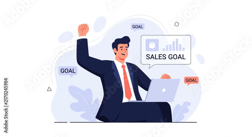 Businessman celebrates achieving sales goal with laptop, vector illustration of success and target achievement
