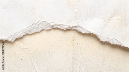 Close-up of a torn white paper edge with a rough, textured surface, showcasing the delicate fibers of aged parchment