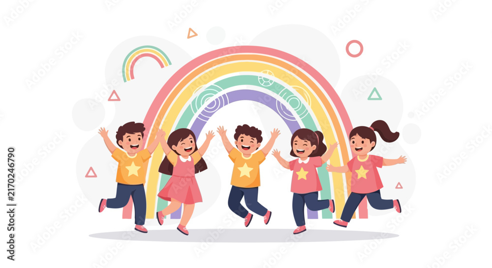 Fototapeta premium Joyful diverse children jumping and celebrating under a colorful pastel rainbow and abstract shapes, symbolizing happiness and childhood wonder