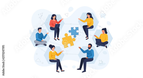 Diverse team collaborating on a project, symbolizing teamwork, innovation, and brainstorming. Flat design with modern elements.