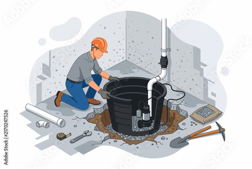 Contractor Installing Basement Sump Pump for Home Drainage Project