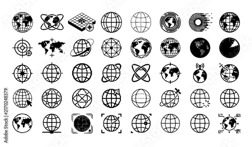 Comprehensive Global Network and World Map Icon Set with Communication Satellites, Data Grids, and Tech Symbols for Logistics, Computing, and Modern Business Designs