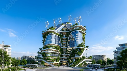 Futuristic eco-friendly skyscraper building design with vertical gardens, solar panels, and wind turbines
