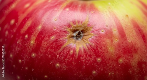 Extreme close-up macro shot of a fresh ripe red apple with water droplets