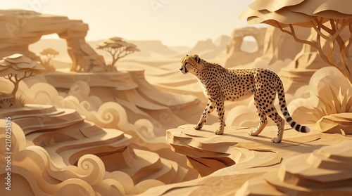 Paper cut desert landscape with a cheetah walking on a rock