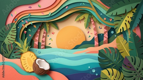 Paper cut tropical beach sunset with palm trees and pineapple