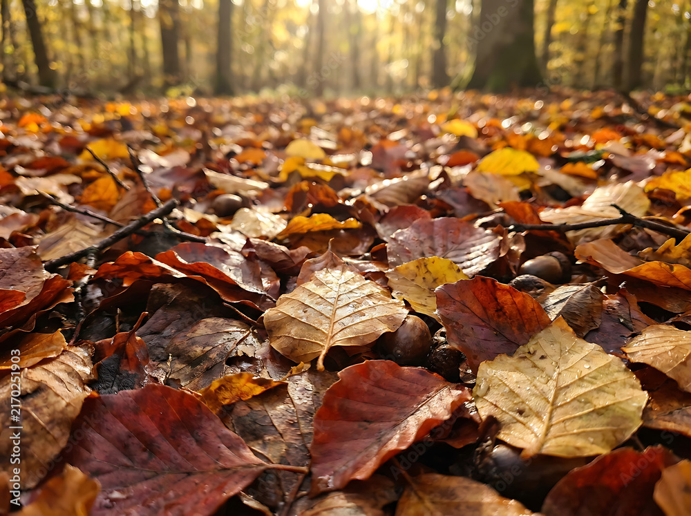 Obraz premium Autumn leaves covering forest floor with golden sunlight in a woodland park landscape