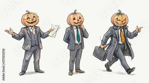 Pumpkin-Headed Businessmen Illustrating Different Corporate Roles and Professional Dynamics