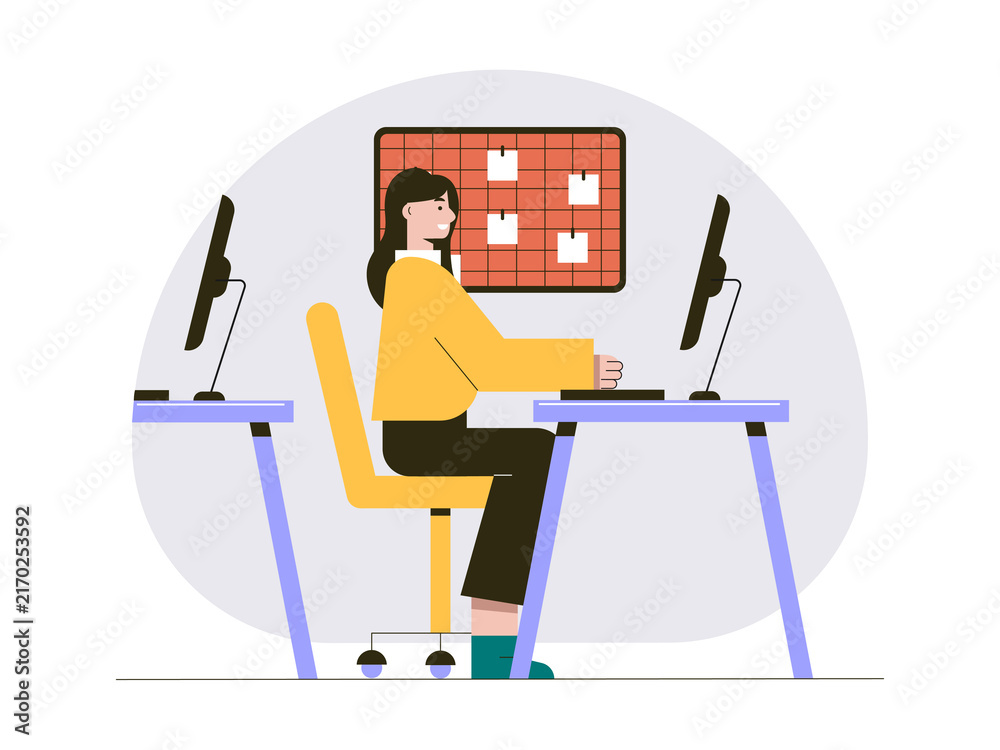 Fototapeta premium A woman employee working at a computer desk in an office setting. Internship illustrations. Flat vector concepts.