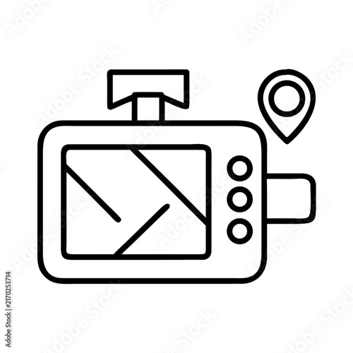Camera icon with tripod and location pin - Minimalist camera icon featuring a tripod and a location pin on top, ready for travel or outdoor photography.