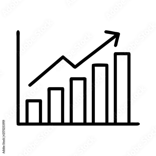 Growing business growth chart with upward arrow - Minimalist vector icon showing a bar and line graph with upward trend and arrow indicating growth and success for business or finance.