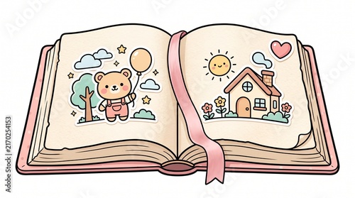 Open children storybook with cute bear and house illustrations