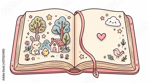 Cute open storybook with illustrations of a rabbit and house