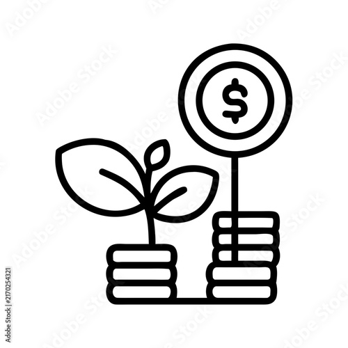 Plant growing from money stack with dollar sign - A sleek vector icon showing a small plant sprouting from stacked coins topped with a dollar sign symbolizing growth and wealth.
