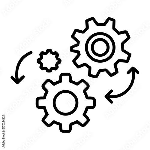 Three interconnected gears forming a cycle - Minimalist vector illustration showing three interlocking gears in continuous motion, symbolizing process or workflow.