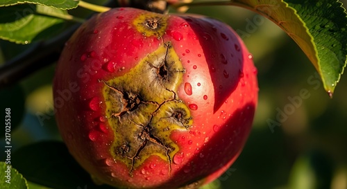 Close up of red apple on branch showing disease and fungal spots