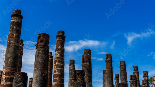 Photography Ancient pillars of Wat Mahathat were used to support the foundation, which was l