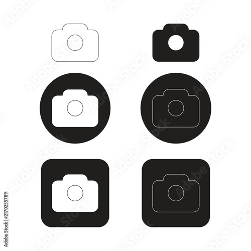 Camera Icon Set Vector Illustration in Outline Solid and Circle Button Styles Isolated on White Background
