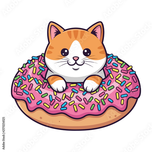 Cat Peeking Out from Pink Frosted Donut Illustration