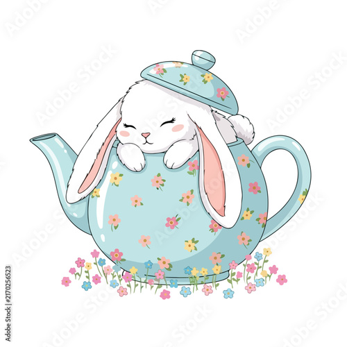 Rabbit Sleeping Inside Floral Blue Teapot Vector Illustration