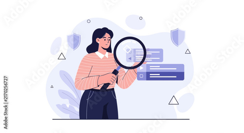 Woman Examining Data with Magnifying Glass, Representing Analysis, Research, and Security