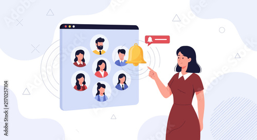 Woman Interacting with Notification Bell and Social Media Interface